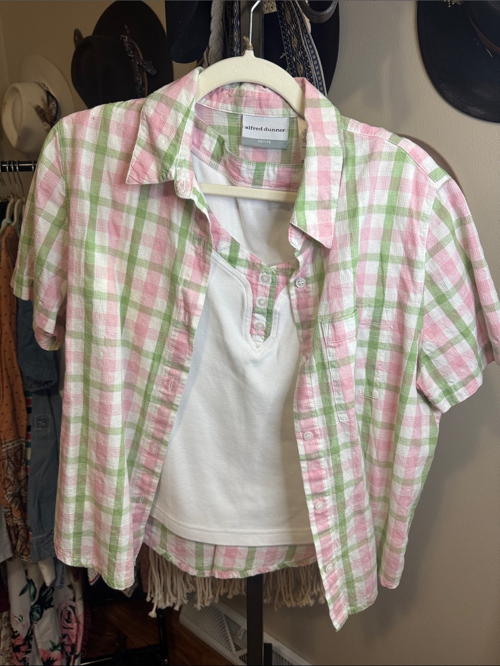 Alfred Dunner Pink and Green Plaid Short-Sleeve Button-Down